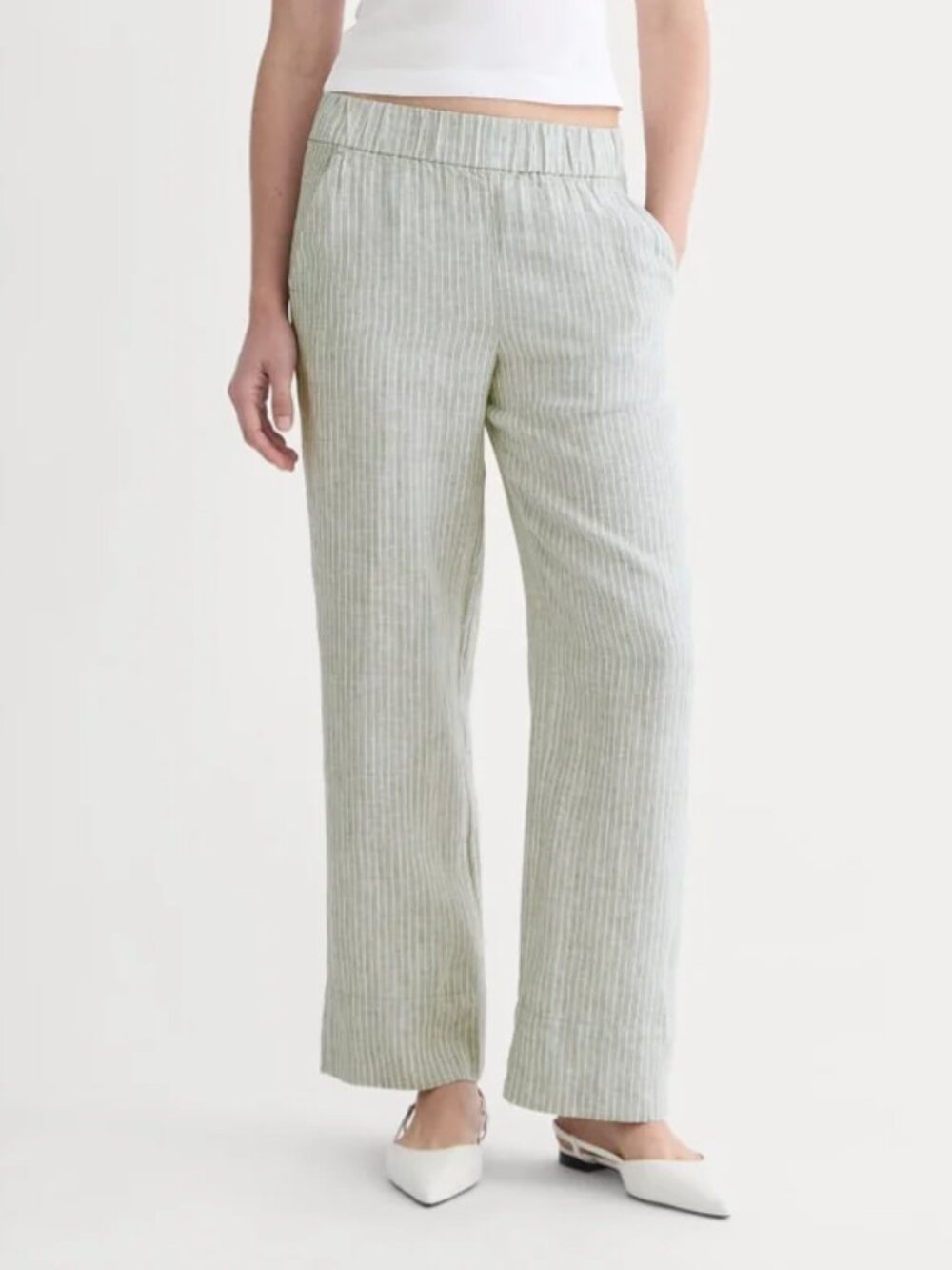 Everlane Linen Easy Pants Women's Size Medium Green Striped Straight Leg